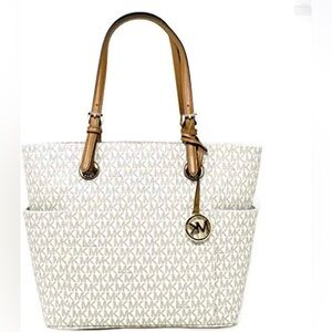 Michael Kors White and Tan Signature Tote Bag